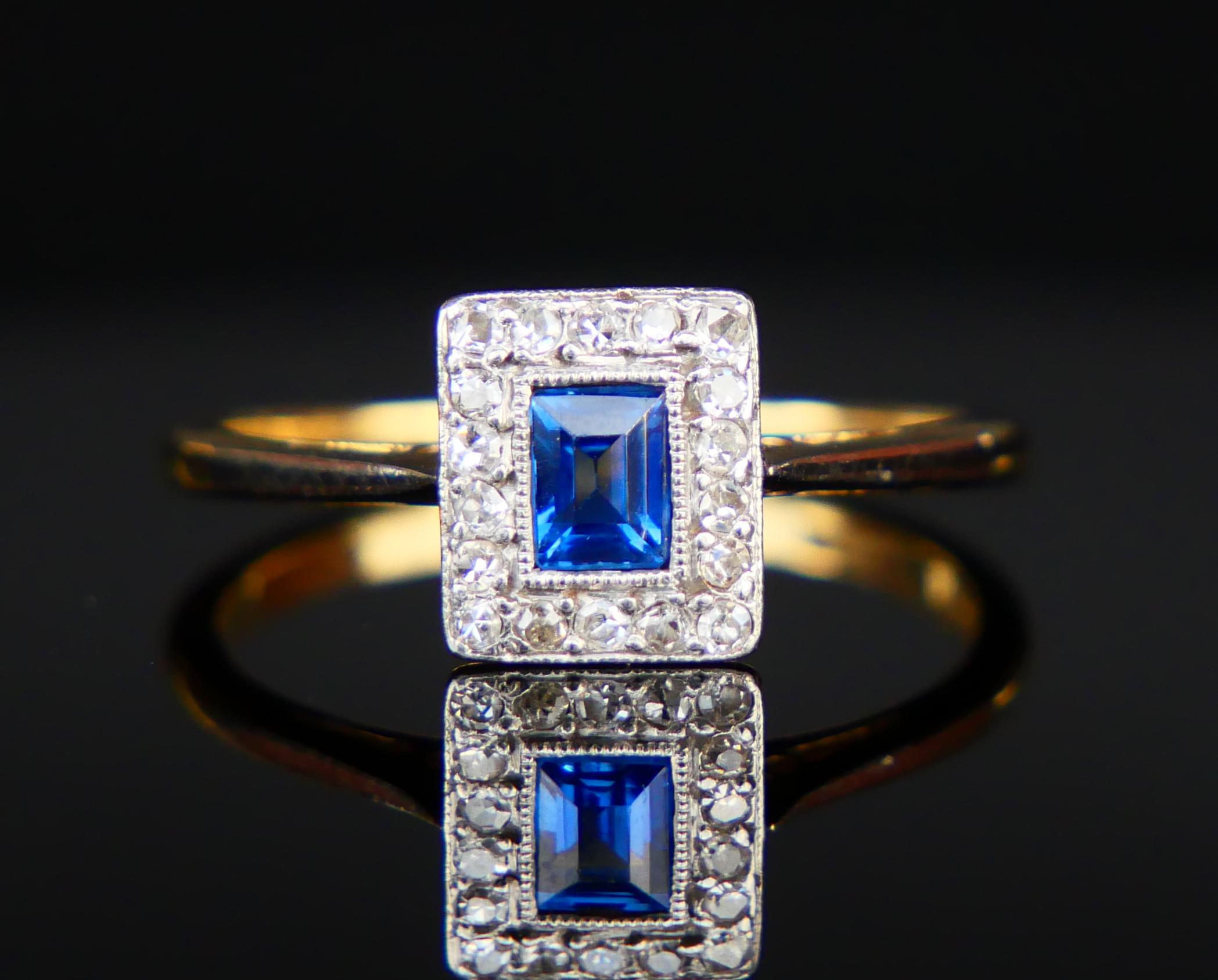 Art Deco Ring Natural Sapphire Diamonds solid 18K Gold Platinum ØUS6.25US/2.2gr For Sale 5