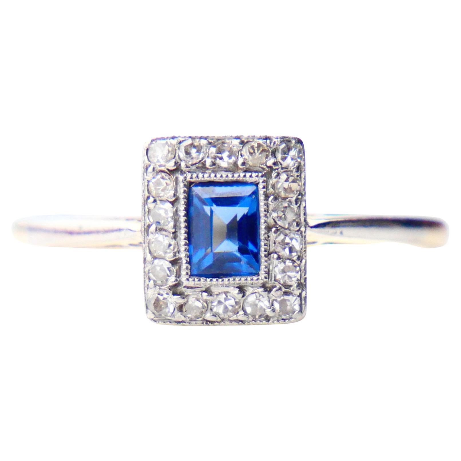 Art Deco Ring Natural Sapphire Diamonds solid 18K Gold Platinum ØUS6.25US/2.2gr