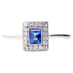 Vintage Art Deco Ring Natural Sapphire Diamonds solid 18K Gold Platinum ØUS6.25US/2.2gr