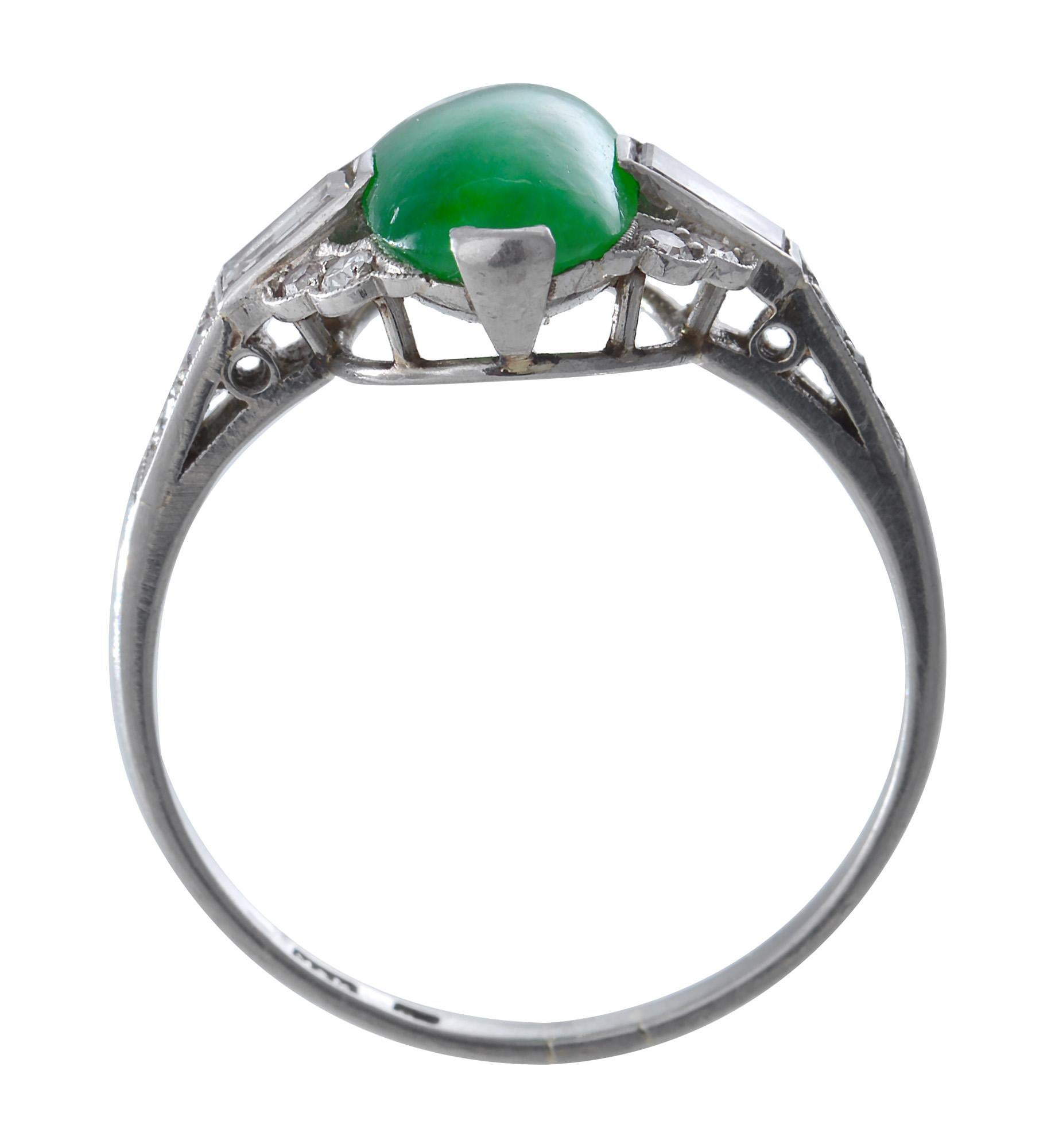 Women's Art Deco Ring of Translucent Jade, Diamond and Platinum For Sale