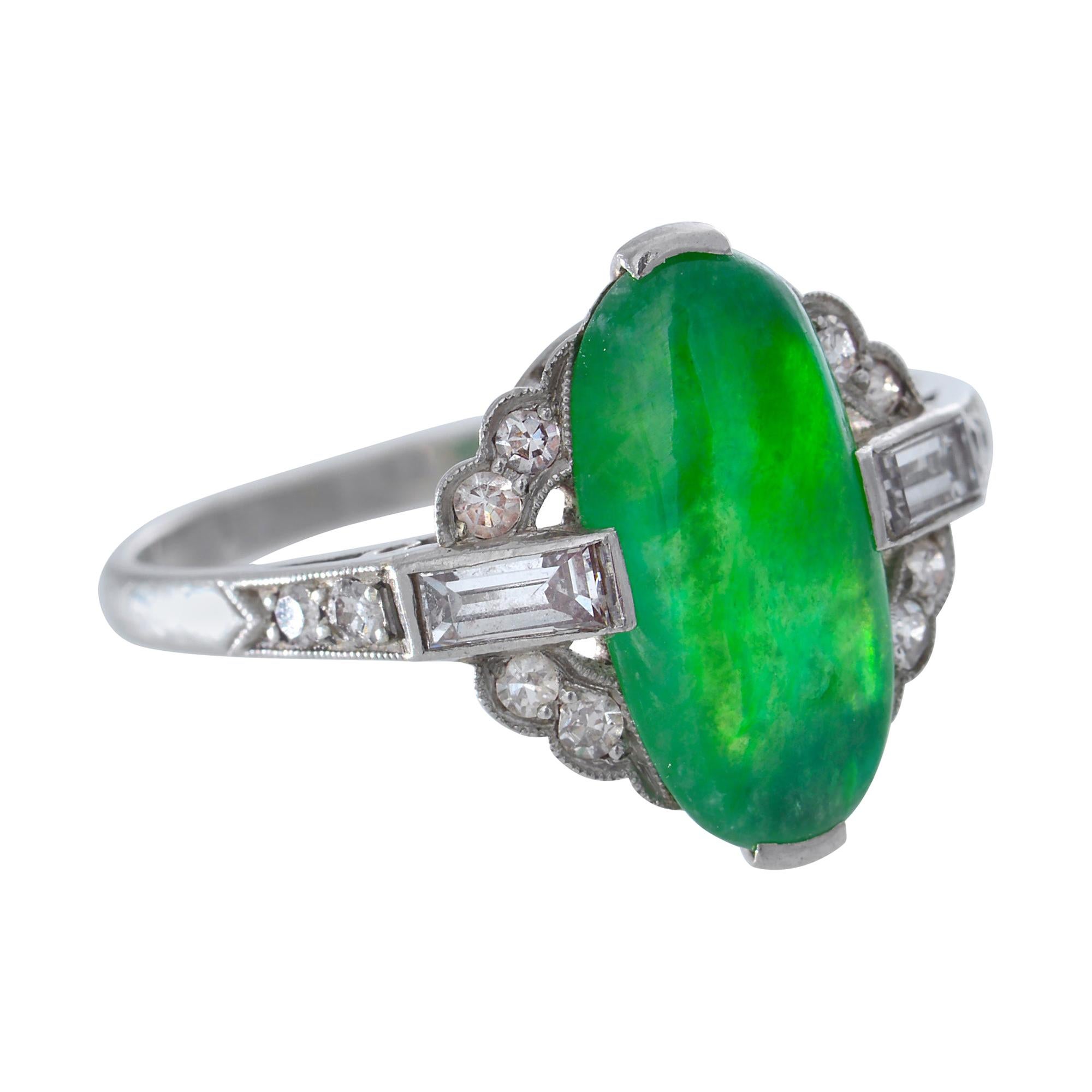 Art Deco Ring of Translucent Jade, Diamond and Platinum For Sale