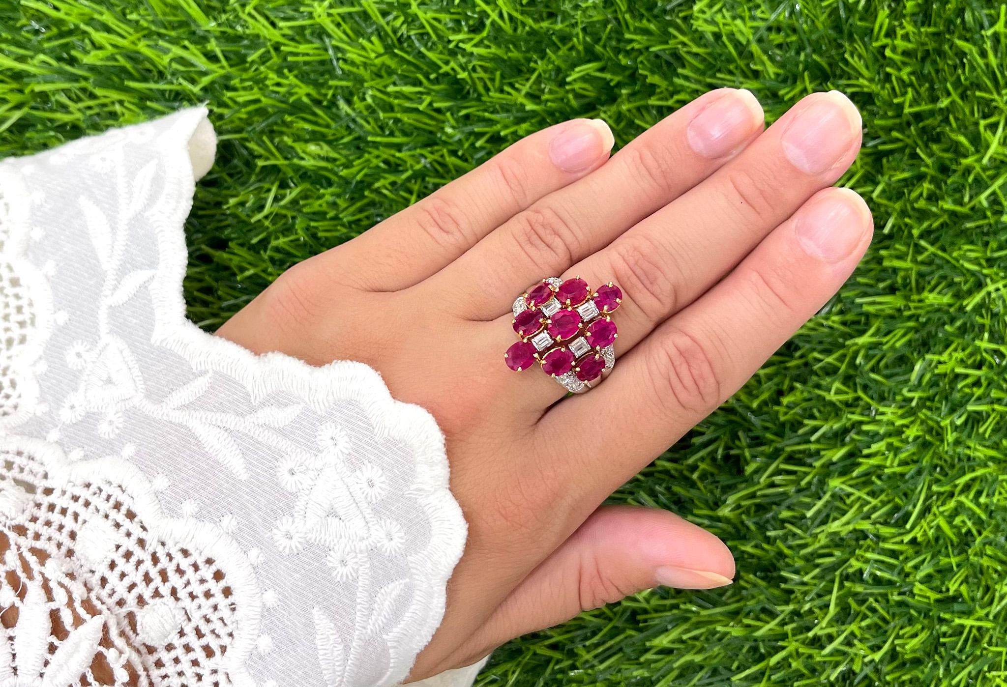 It comes with an appraisal by GIA G.G.
Total Carat Weight of Rubies = 7.04 Carats
Total Carat Weight of Diamonds = 0.37 Carats
Diamonds Color is F-G
Diamonds Clarity is VVS-VS
Metal is 18K Gold
Ring Size = 7 US
It can be resized complimentary 