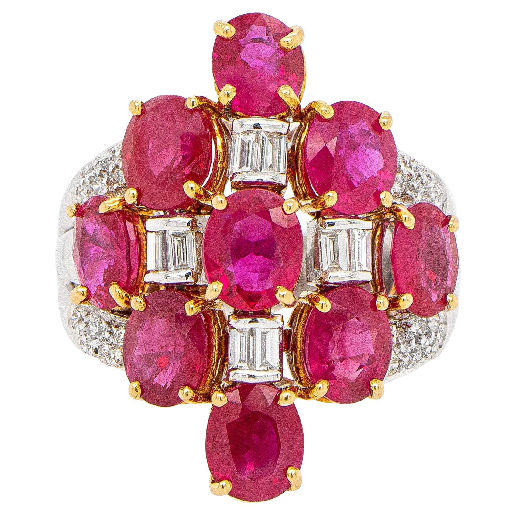 Art Deco Ring Oval Rubies 7.04 Carats and Diamonds 18k Gold For Sale