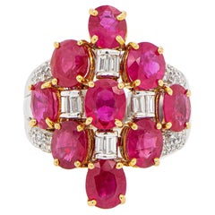Retro Art Deco Ring Oval Rubies 7.04 Carats and Diamonds 18k Gold