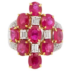 Anillo Art Déco Rubíes Ovalados 7,04 Quilates y Diamantes Oro 18k