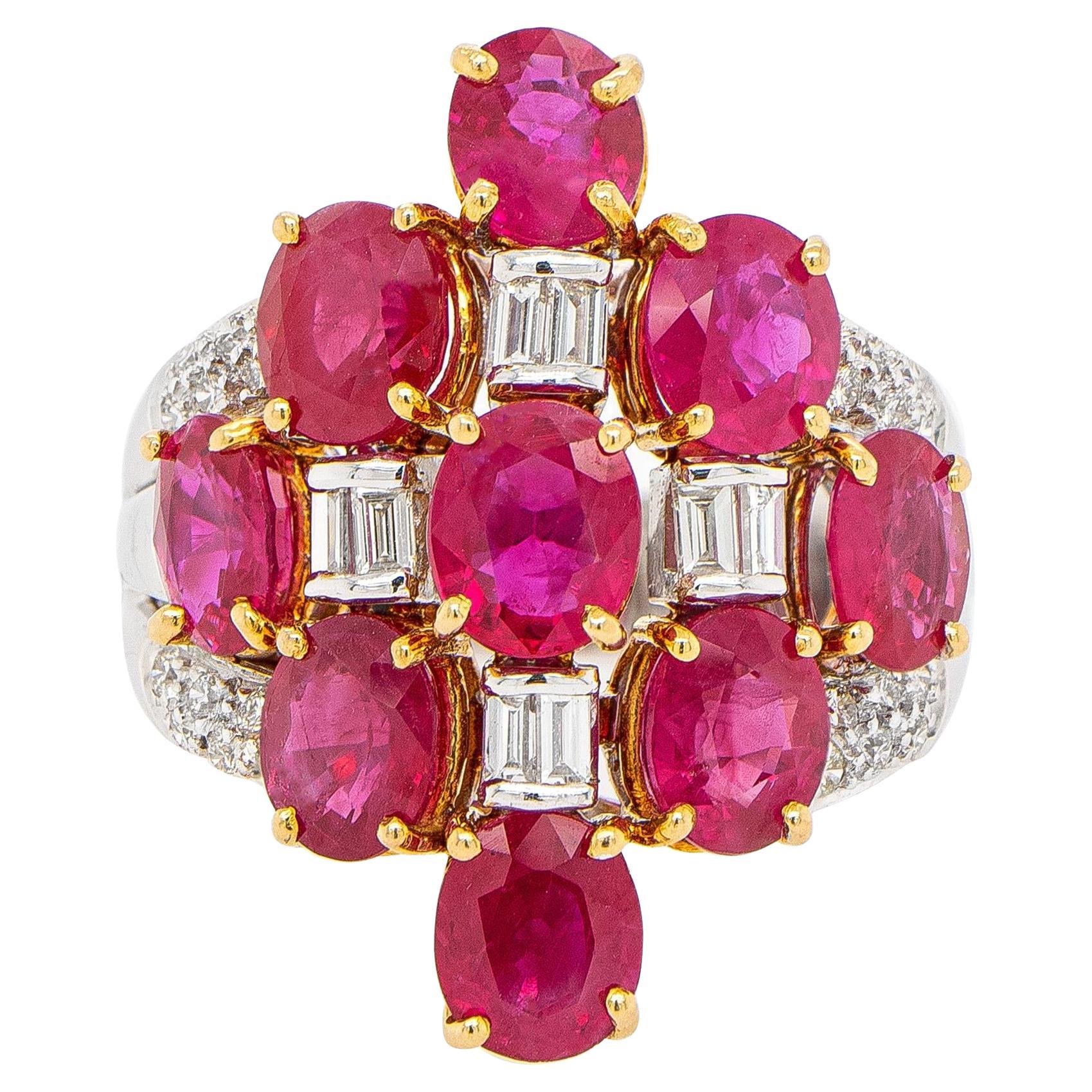 Anello Art Deco con rubini ovali da 7,04 carati e diamanti in oro 18k in vendita