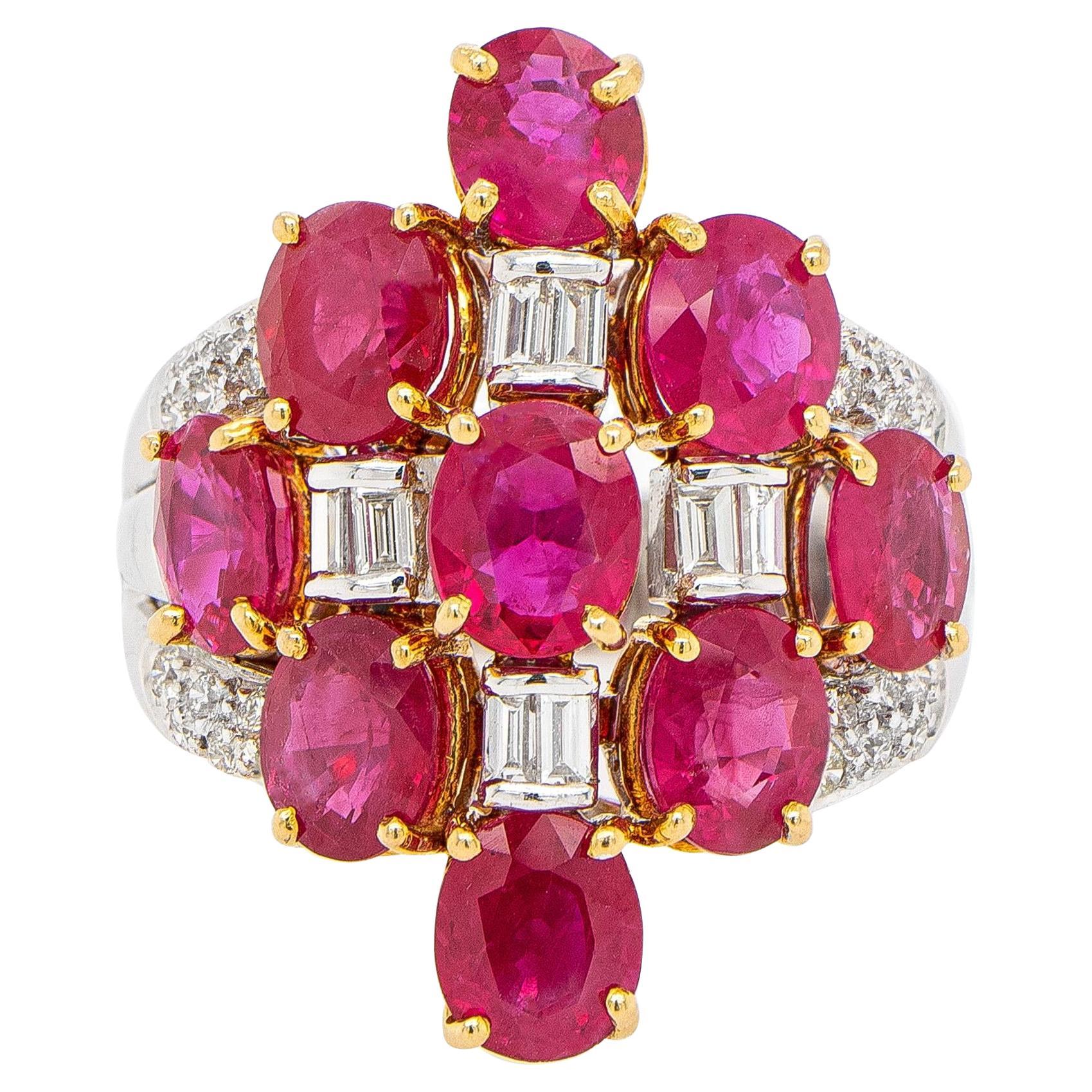 Art Deco Ring Oval Rubies 7.04 Carats and Diamonds 18k Gold For Sale