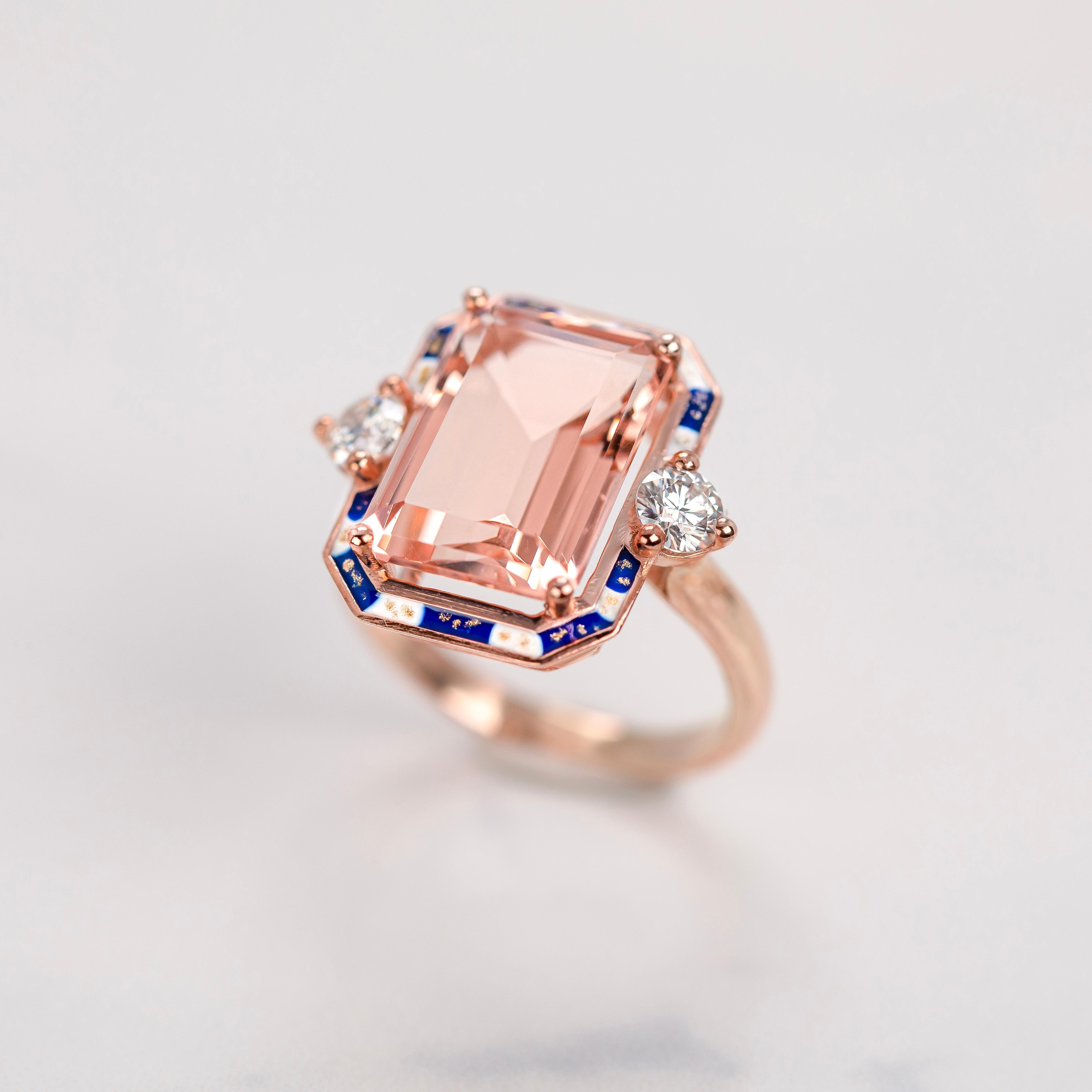 Emerald Cut Art Deco Style, Pink Quartz and Moissanite Stone Ring, 14K Gold Ring For Sale