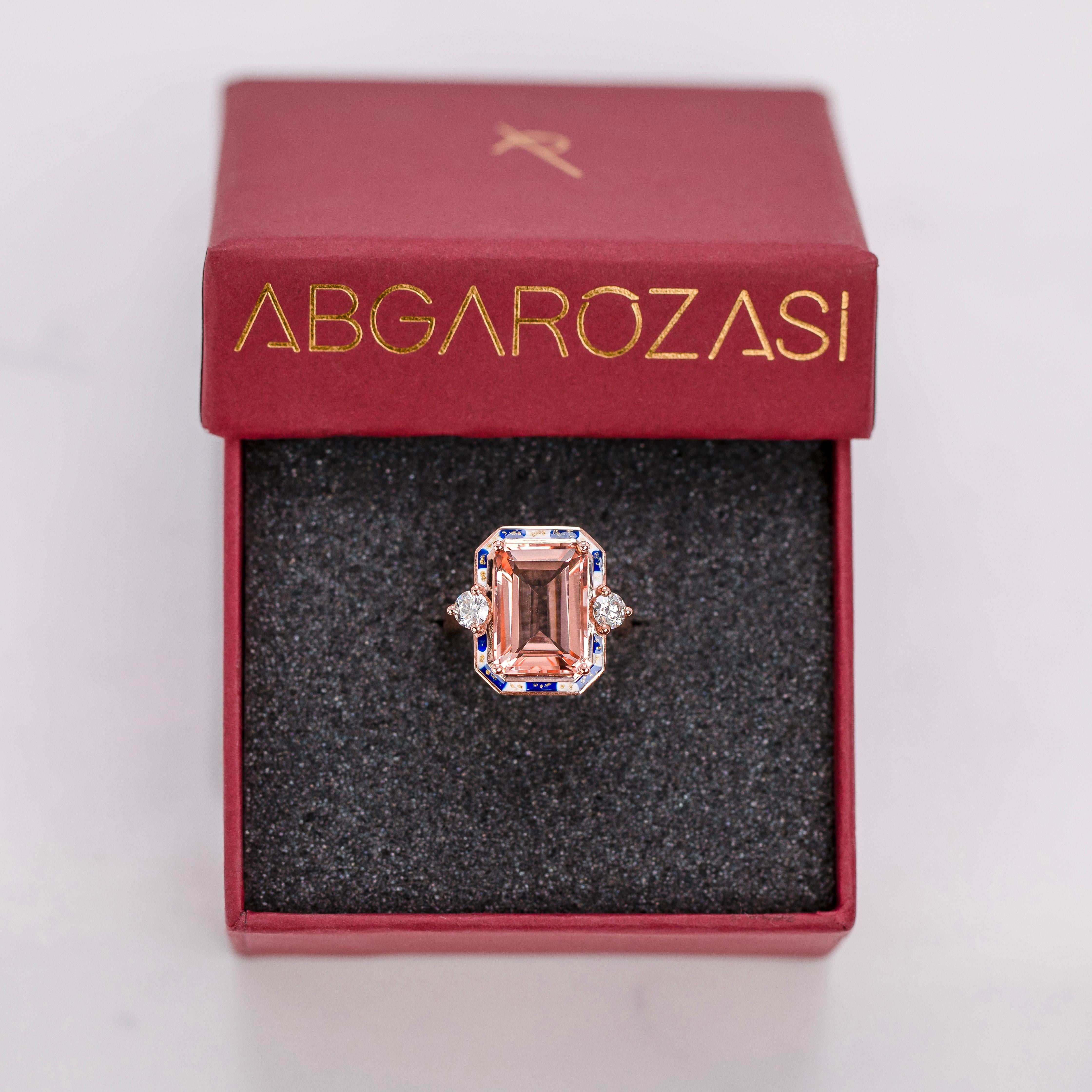 Art Deco Style, Pink Quartz and Moissanite Stone Ring, 14K Gold Ring For Sale 4