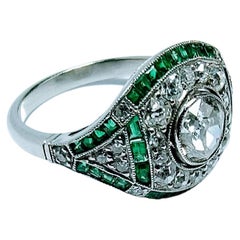 Vintoge Art Deco Ring Platinum Antique Cut Diamond 0.70 Ctw. Emerald and Diamond