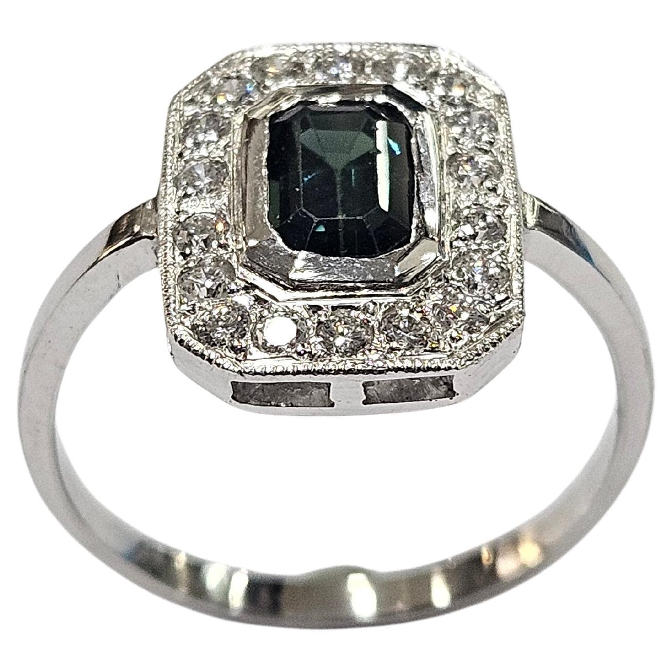 Art déco  Bague Platine Hand Made Saphir Vert Naturel 1.08 carat et Diamant en vente 5