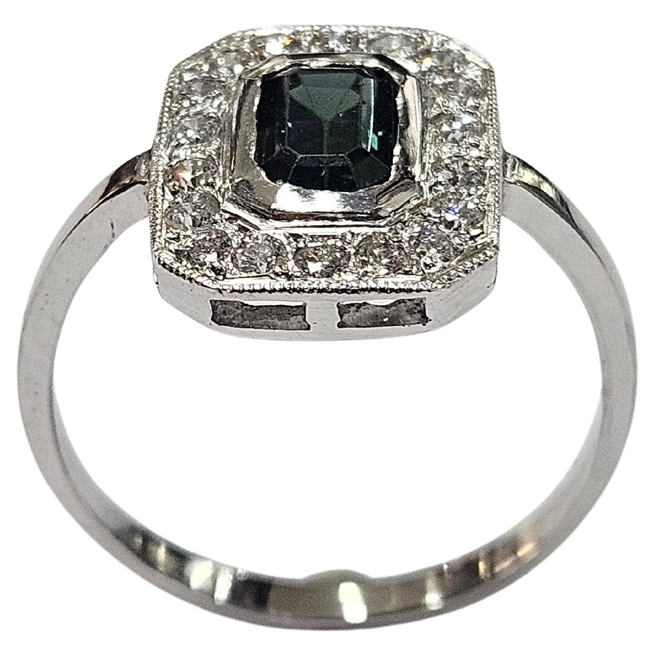 Art déco  Bague Platine Hand Made Saphir Vert Naturel 1.08 carat et Diamant Neuf - En vente à MADRID, ES