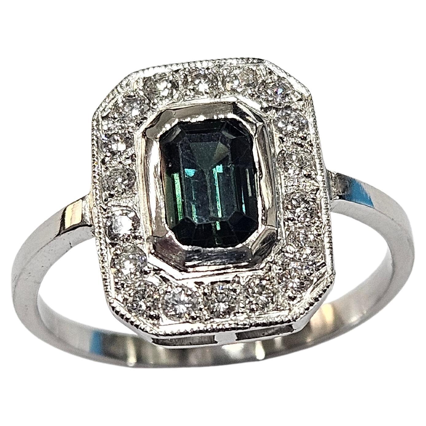 Art déco  Bague Platine Hand Made Saphir Vert Naturel 1.08 carat et Diamant