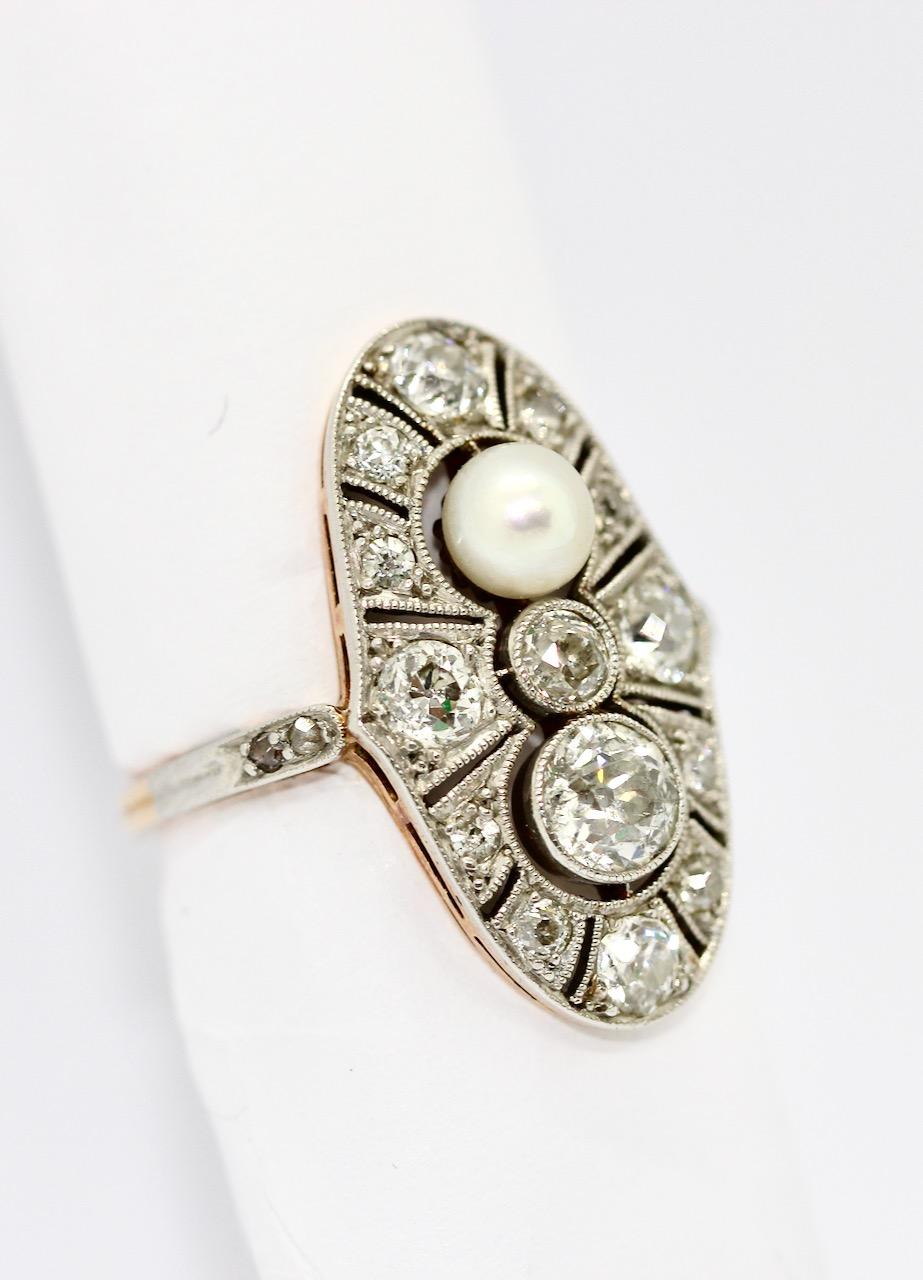 Art Deco Ring, Rose gold and Platinum, set with Diamonds and natural Pearl For Sale 4
