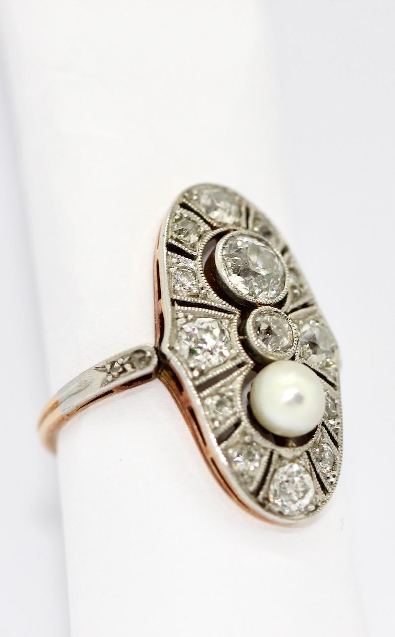 Art Deco Ring, Rose gold and Platinum, set with Diamonds and natural Pearl For Sale 2