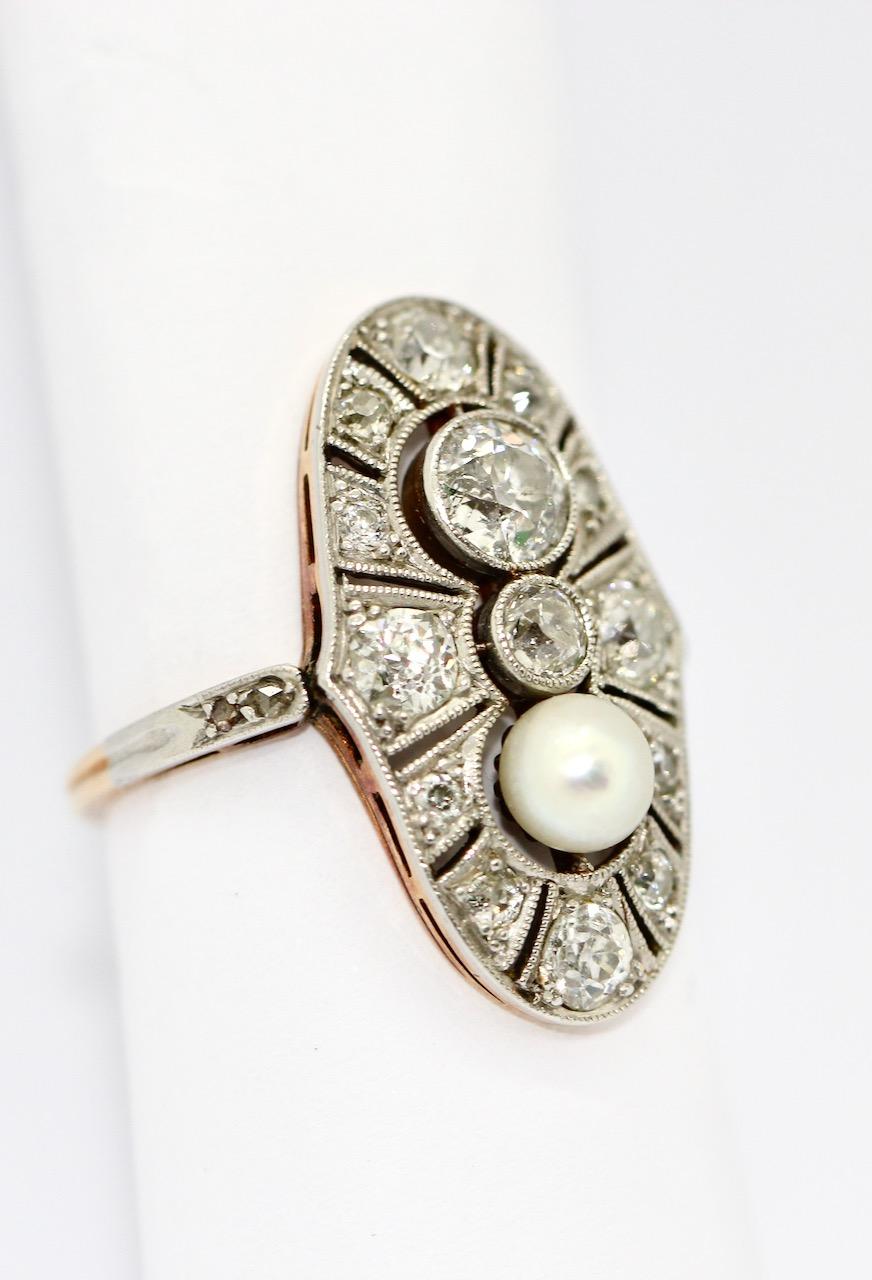 Art Deco Ring, Rose gold and Platinum, set with Diamonds and natural Pearl For Sale 3