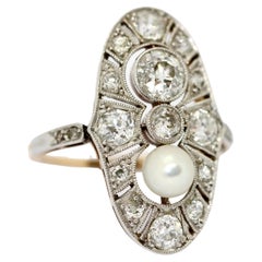 Antique Art Deco Ring, Rose gold and Platinum, set with Diamonds and natural Pearl