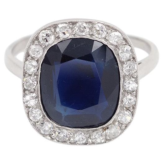French Art Deco 5.13 ct certified sapphire diamond platinum ring