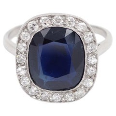 Anillo Art Déco francés de platino con diamante y zafiro certificado de 5,13 quilates