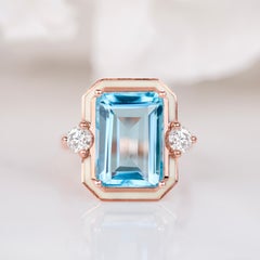Art Deco Style, Sky Topaz Stone and Moissanite Ring, 14K Gold Ring