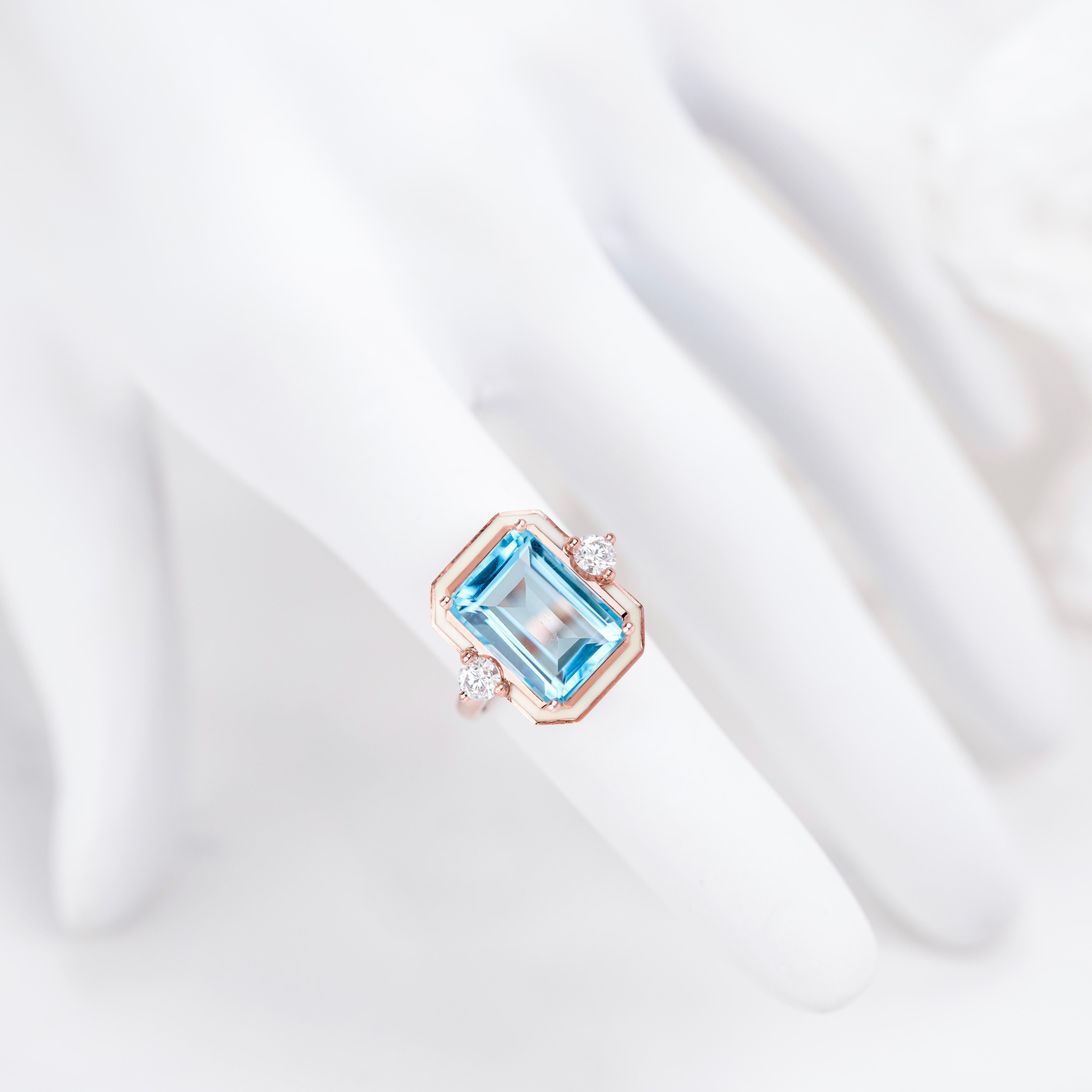 Art Deco Style, Sky Topaz Stone and Moissanite Ring, 14K Gold Ring For Sale 1