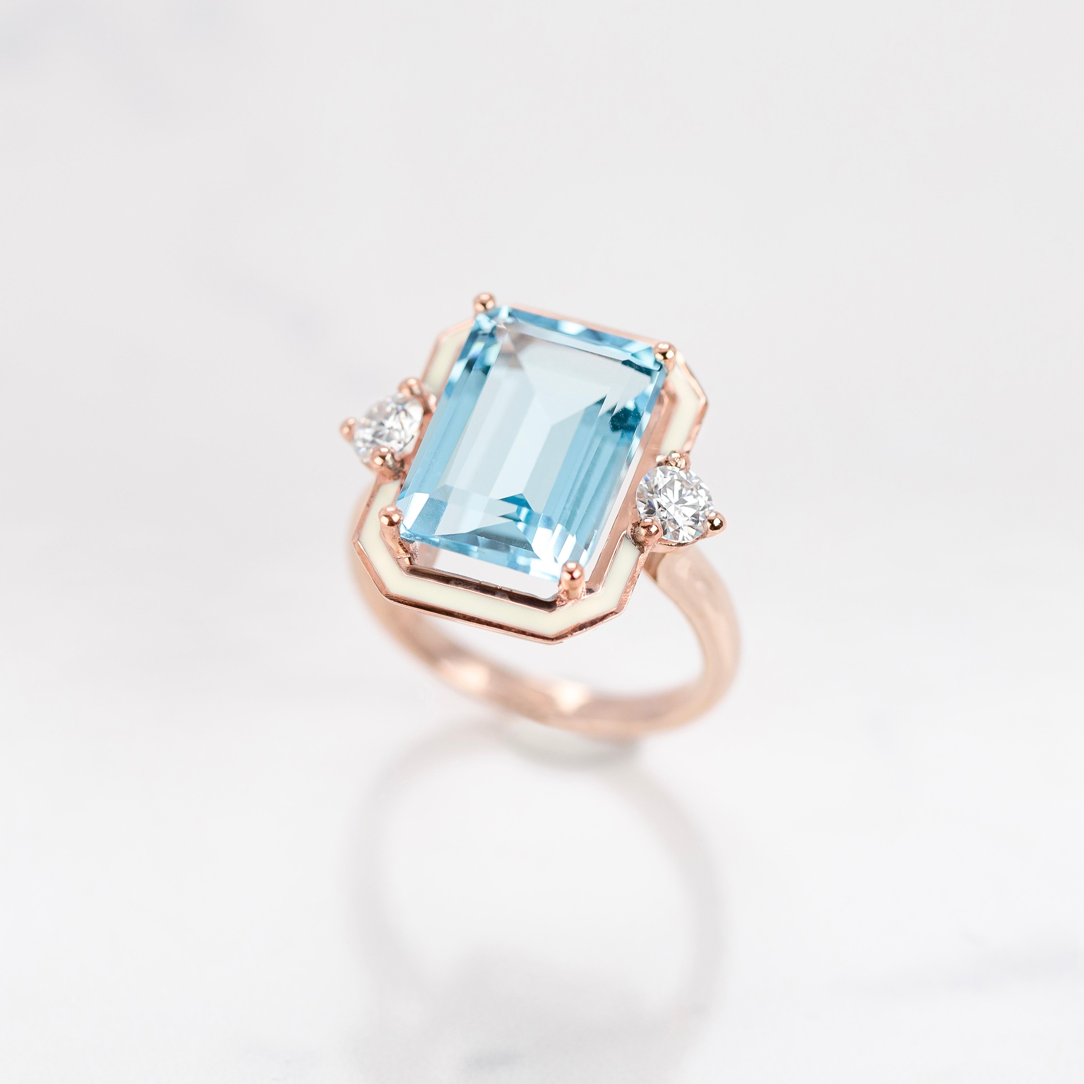 Art Deco Style, Sky Topaz Stone and Moissanite Ring, 14K Gold Ring For Sale 2