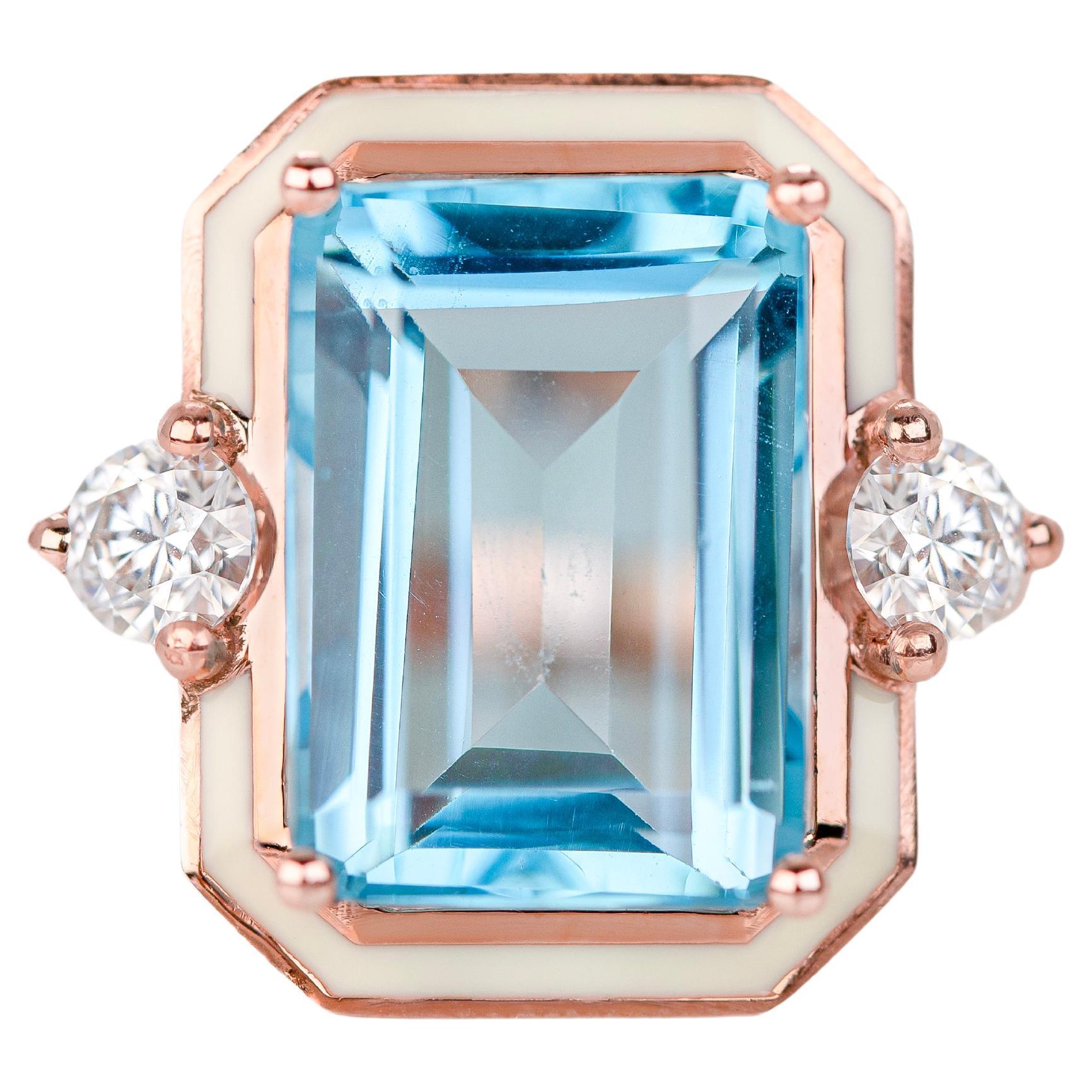 Art Deco Style, Sky Topaz Stone and Moissanite Ring, 14K Gold Ring For Sale