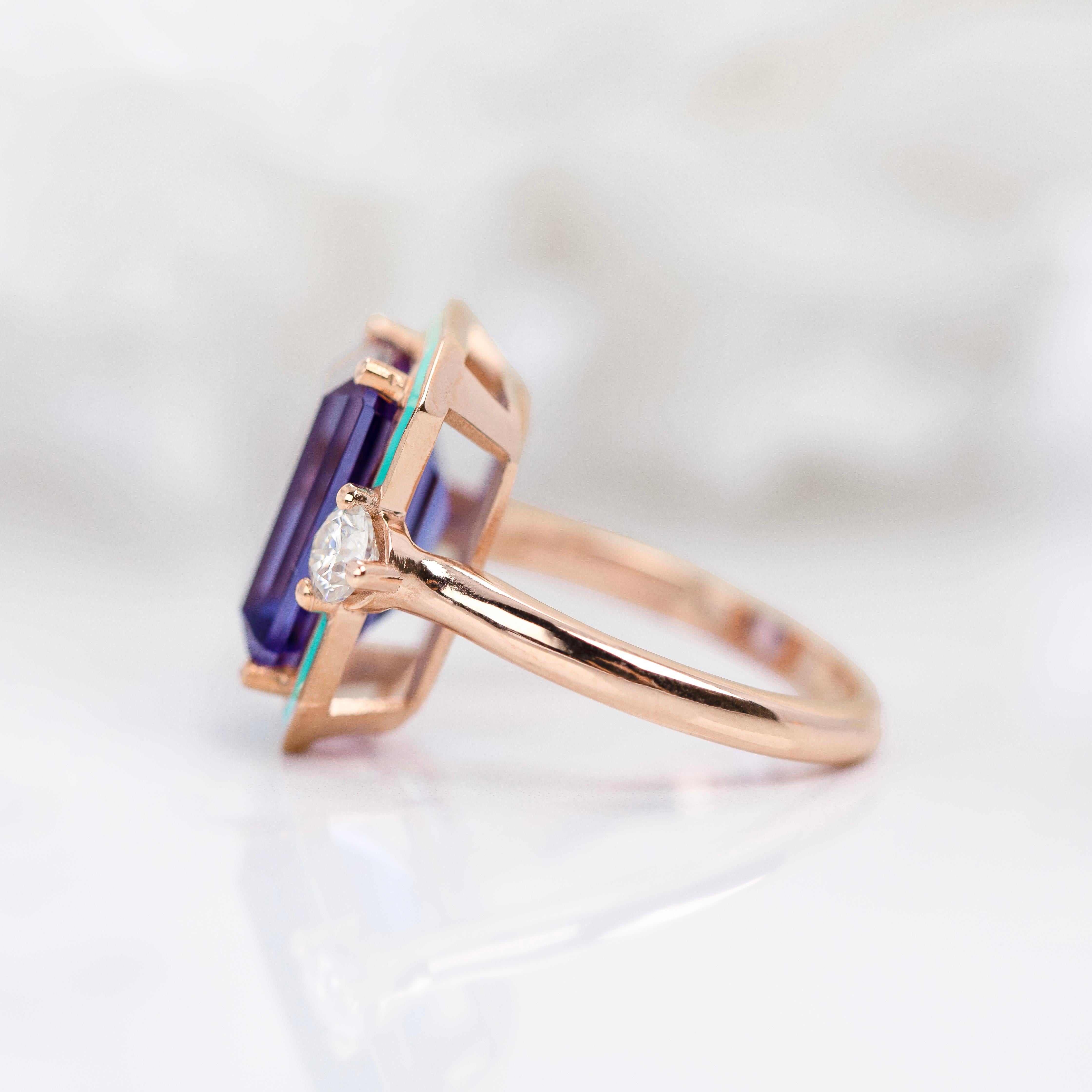 Emerald Cut Art Deco Style, Tanzanite and Moissanite Stone Ring, 14K Gold Ring For Sale
