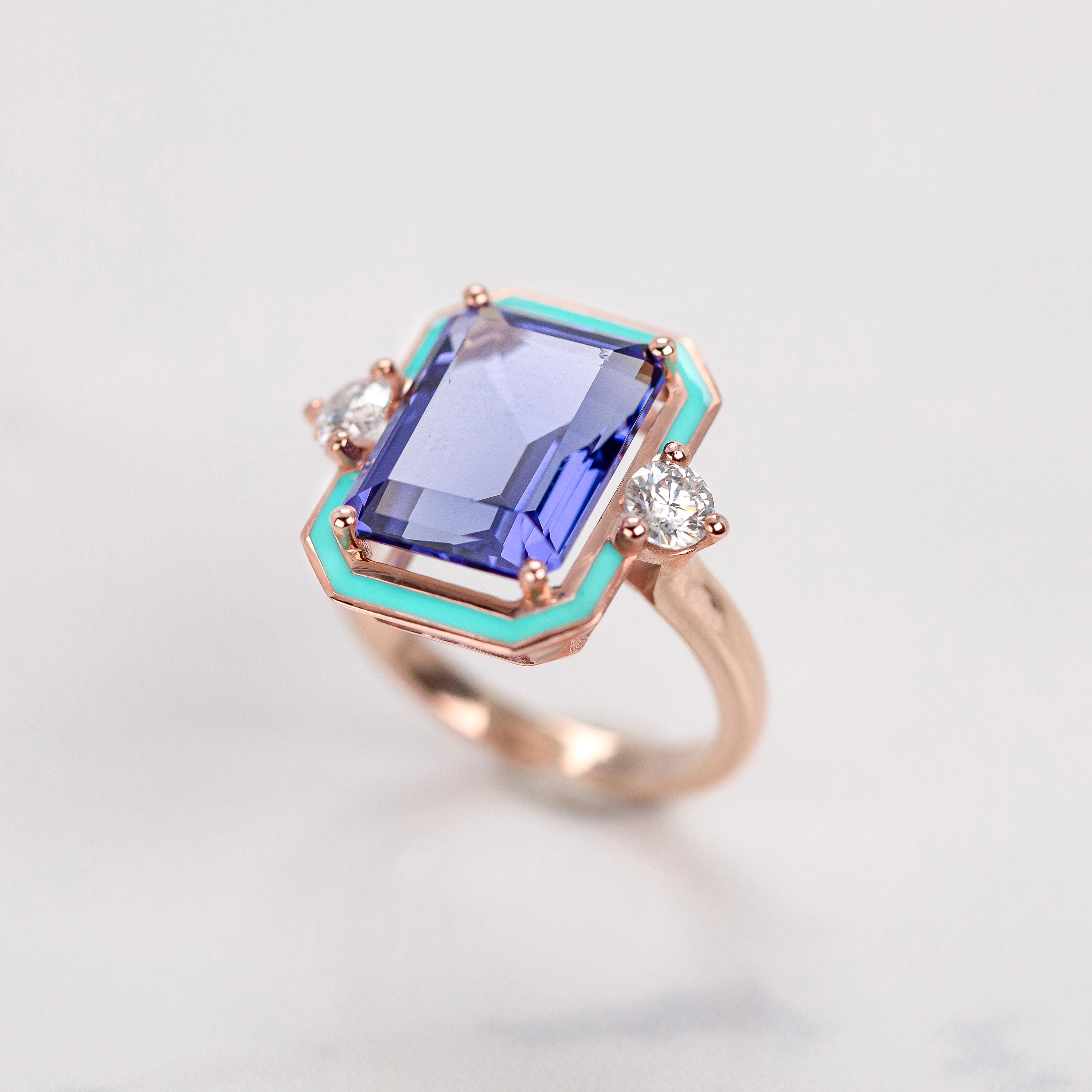 Art Deco Style, Tanzanite and Moissanite Stone Ring, 14K Gold Ring For Sale 1