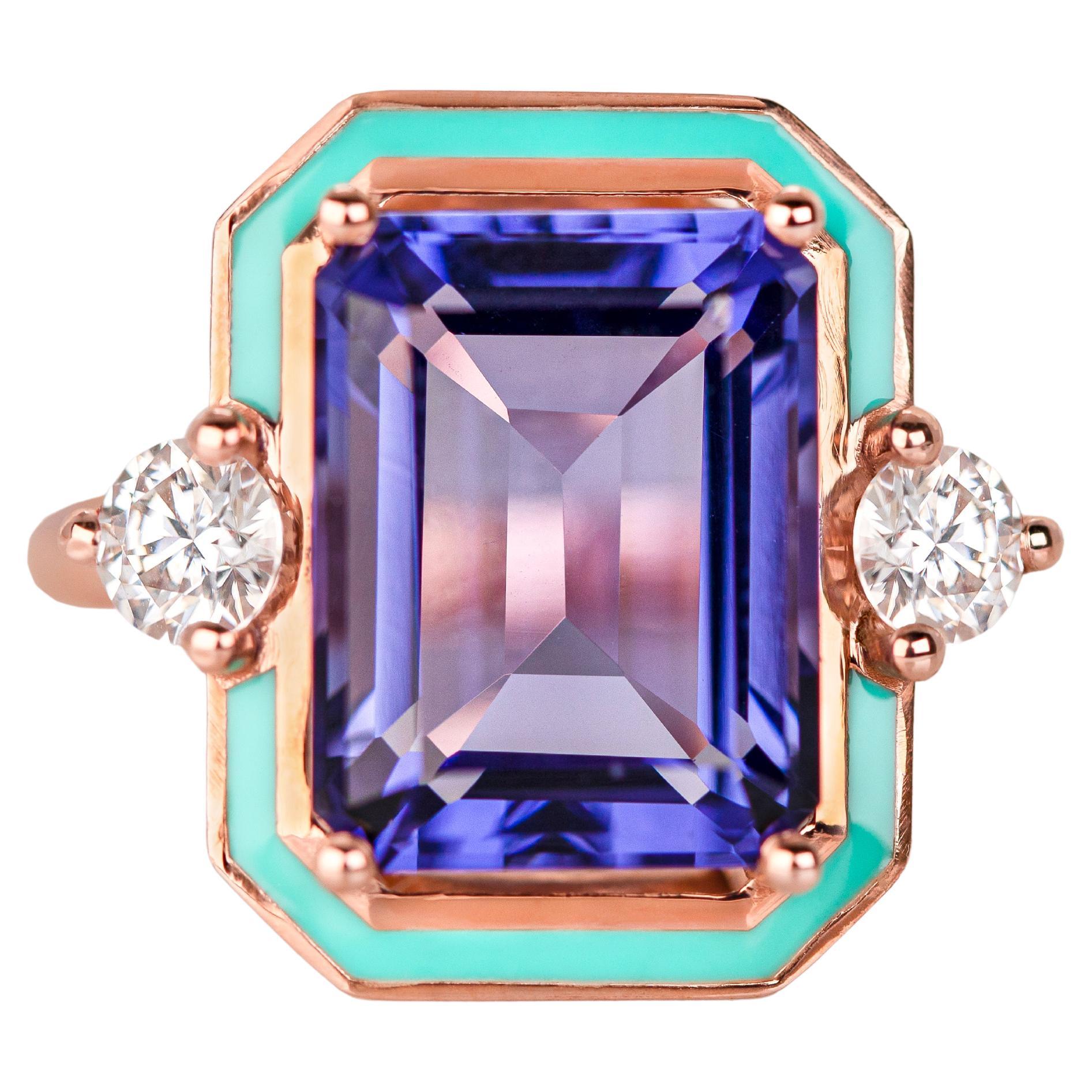 Art Deco Style, Tanzanite and Moissanite Stone Ring, 14K Gold Ring For Sale