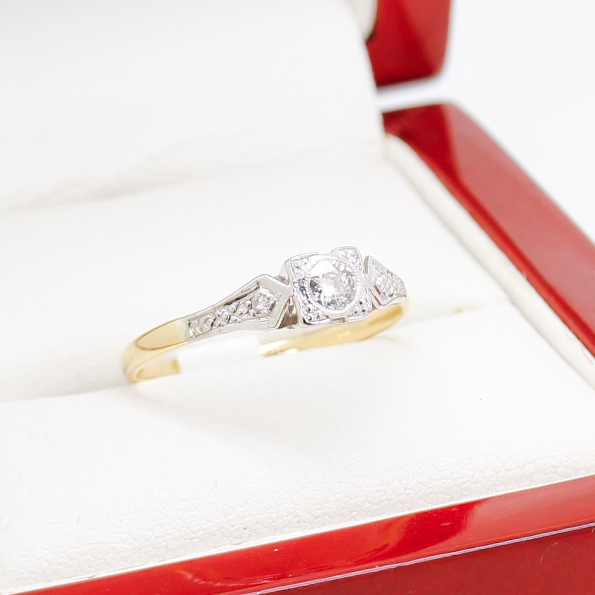 Art déco-Verlobungsring, Vintage-Diamant, vollständig restauriert (Brillantschliff) im Angebot