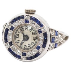 Art Deco Ring Watch with Sapphires, Diamonds and 18K White Gold, Circa 1930