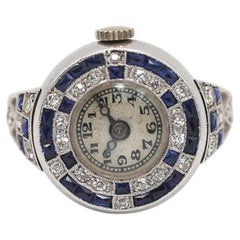 Art Deco Ring Watch with Sapphires, Diamonds and 18K White Gold, Circa 1930