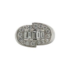 Art Deco Ring White Diamonds Round and Baguettes Cut on White Gold