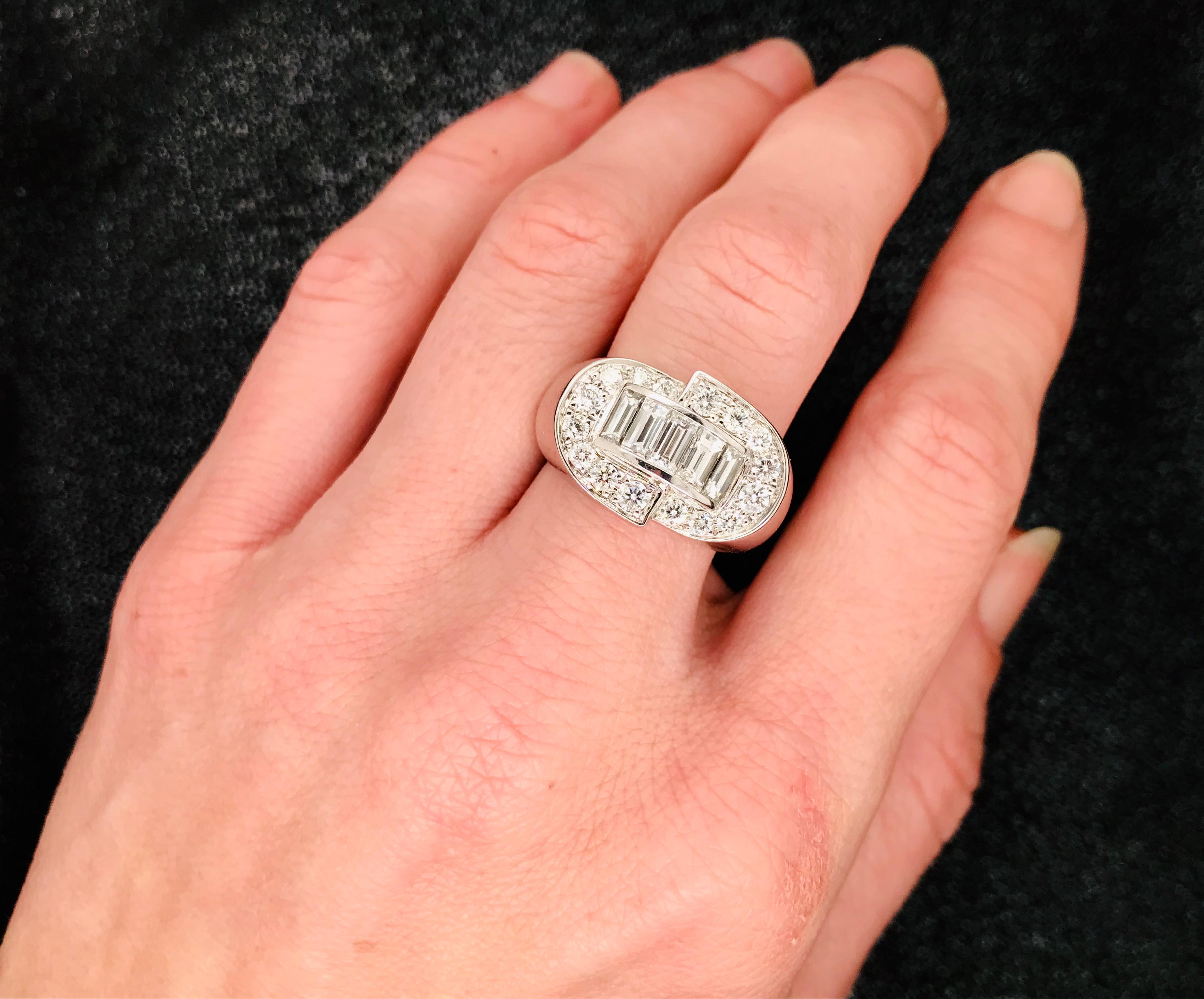 Baguette Cut Art Deco Ring White Diamonds Round and Baguettes Cut on White Gold For Sale