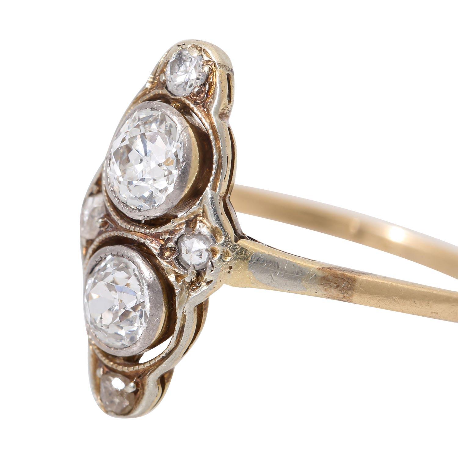 Old European Cut Art Deco Ring with 2 Old-Cut Diamonds For Sale