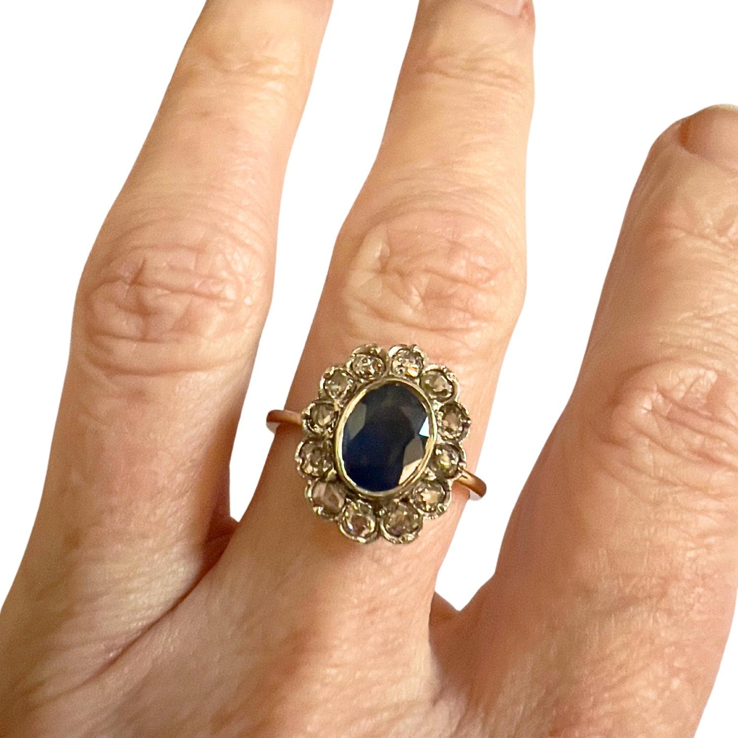 Anello Art Deco con diamanti 0,60 ct e zaffiro 1,91 ct in oro 18k e platino In condizioni buone in vendita a MADRID, ES
