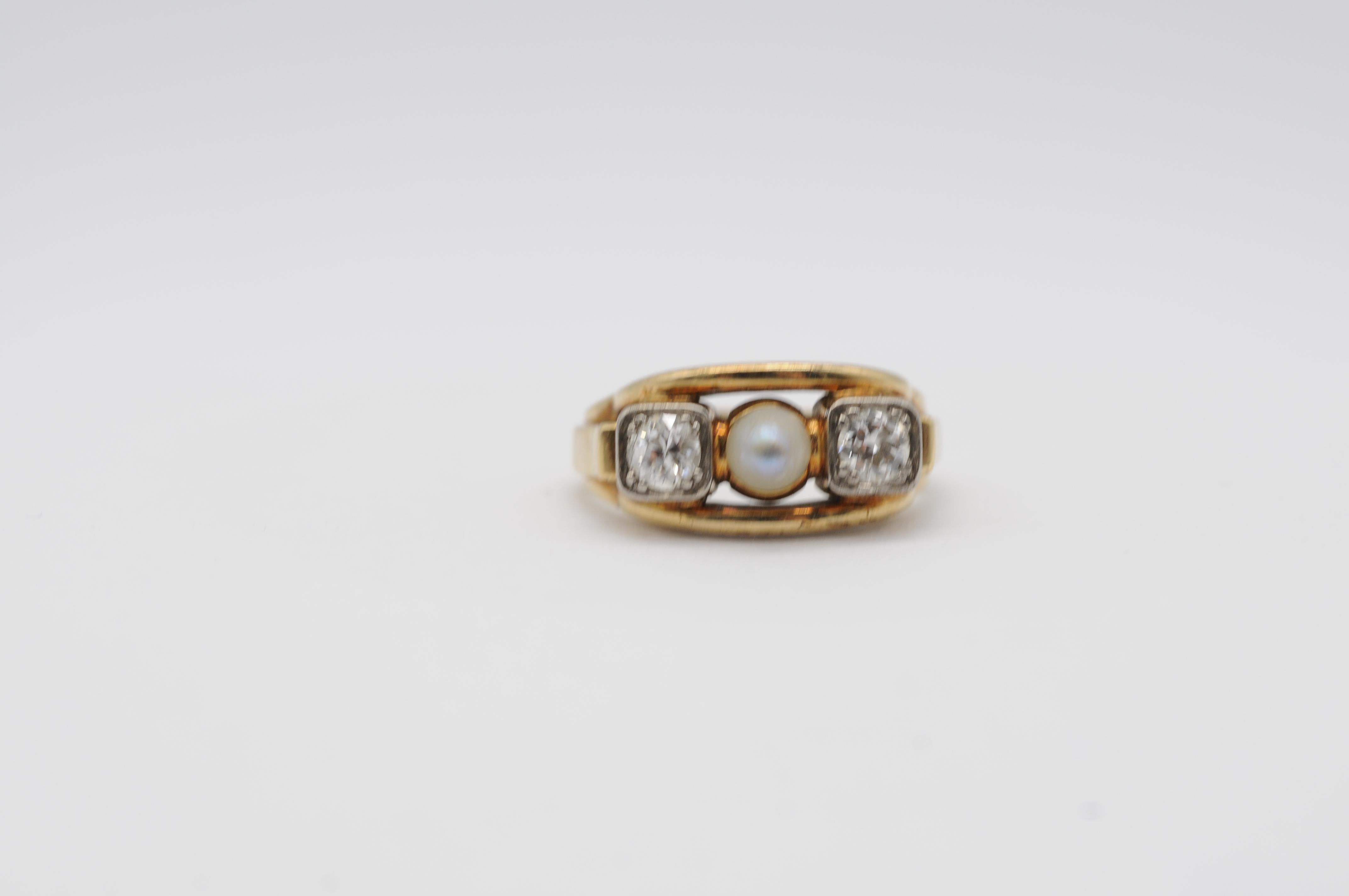 Old European Cut Art Deco Ring  with Diamonds and Pearl crafted in 14k yellow gold For Sale