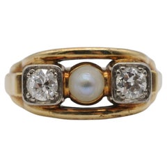 Antique Art Deco Ring  with Diamonds and Pearl crafted in 14k yellow gold
