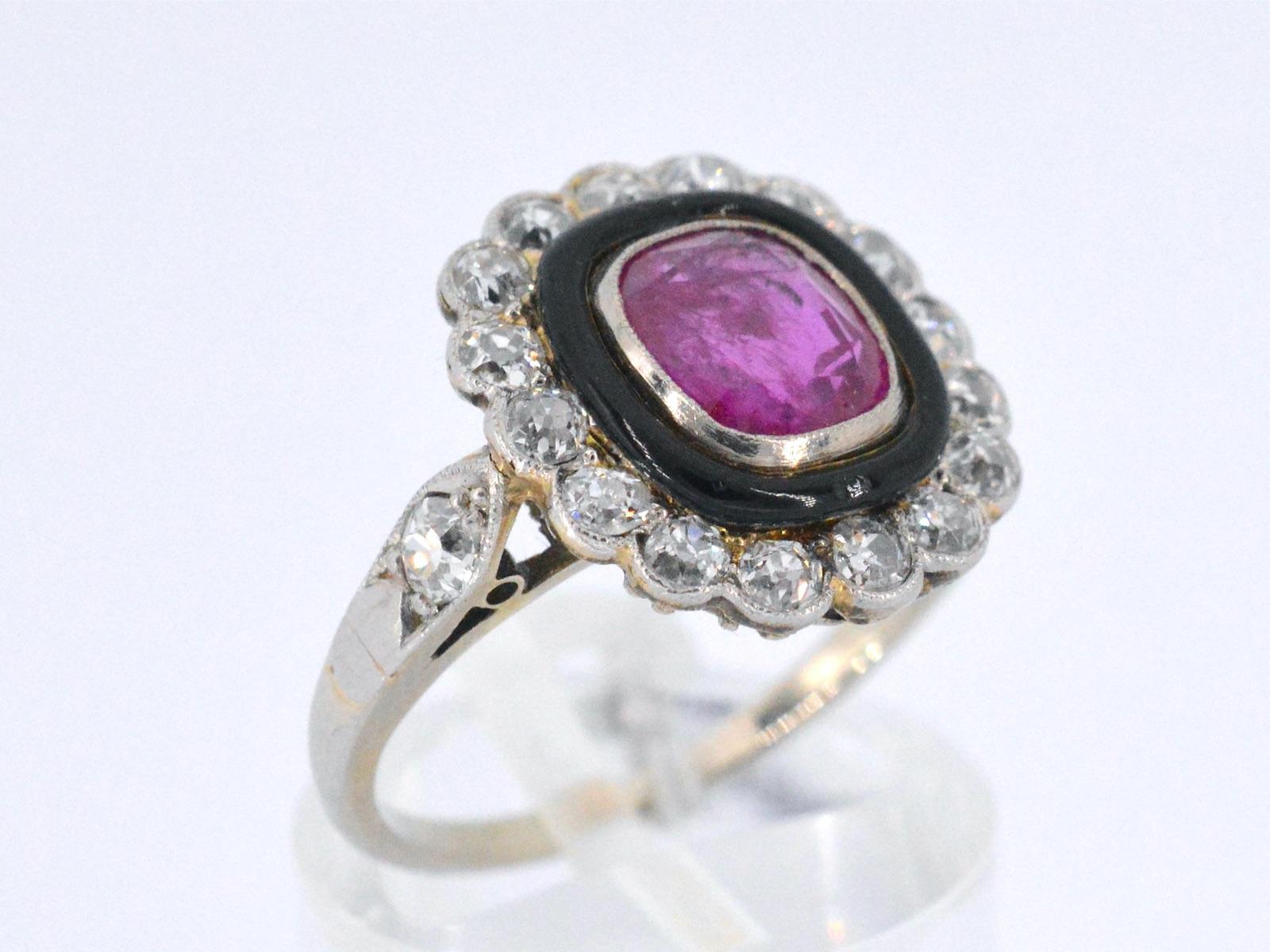 Old European Cut Art Deco Ring with Diamonds and Ruby For Sale