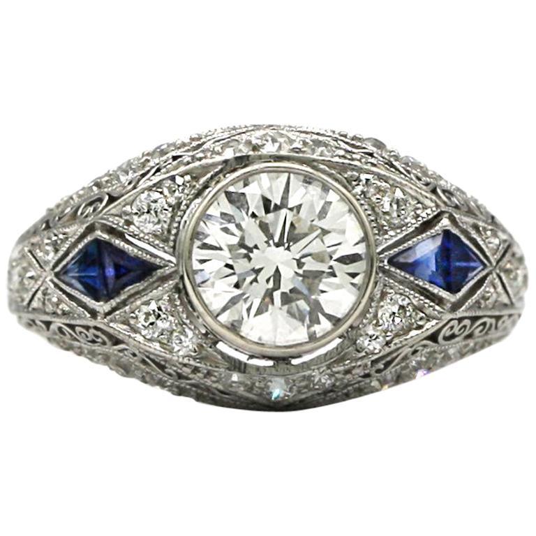 Art Deco Ring with Diamonds and Sapphires For Sale