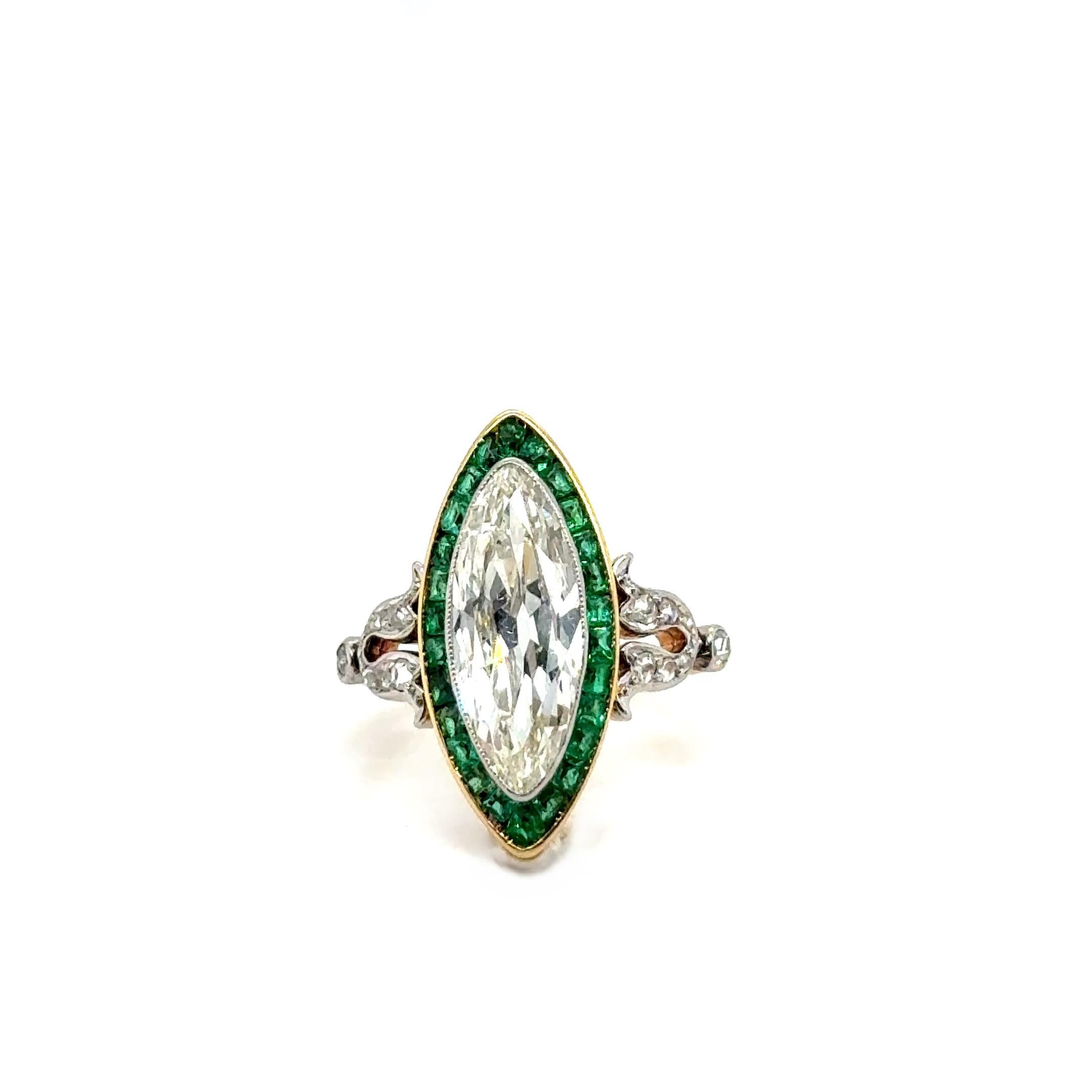 Marquise Cut Art Deco Ring with Diamonds & Emeralds in 18 Karat Yellow Gold and Platinum For Sale