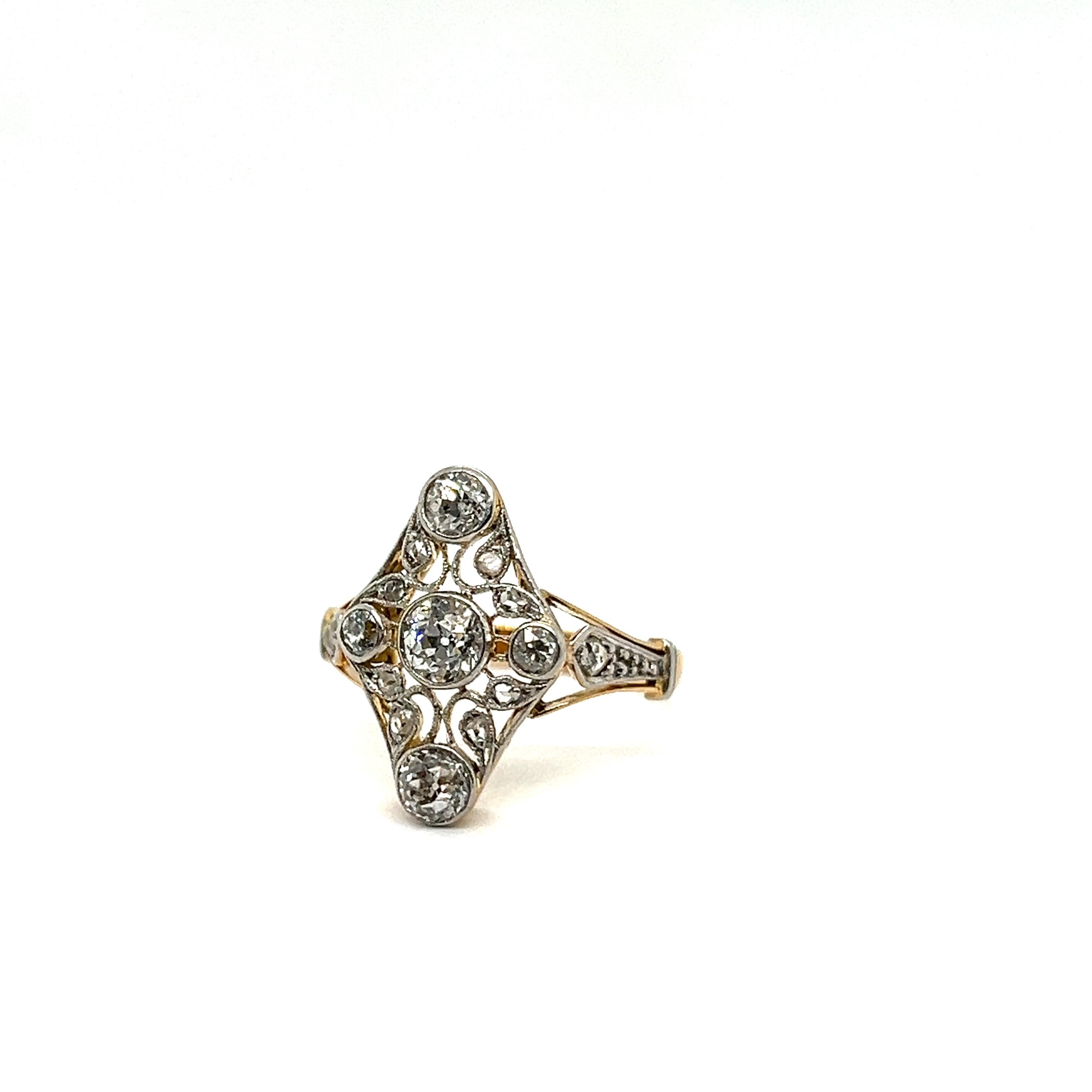 Art-Déco-Ring aus Platin und 18 Karat Gelbgold mit Diamanten im Angebot 6