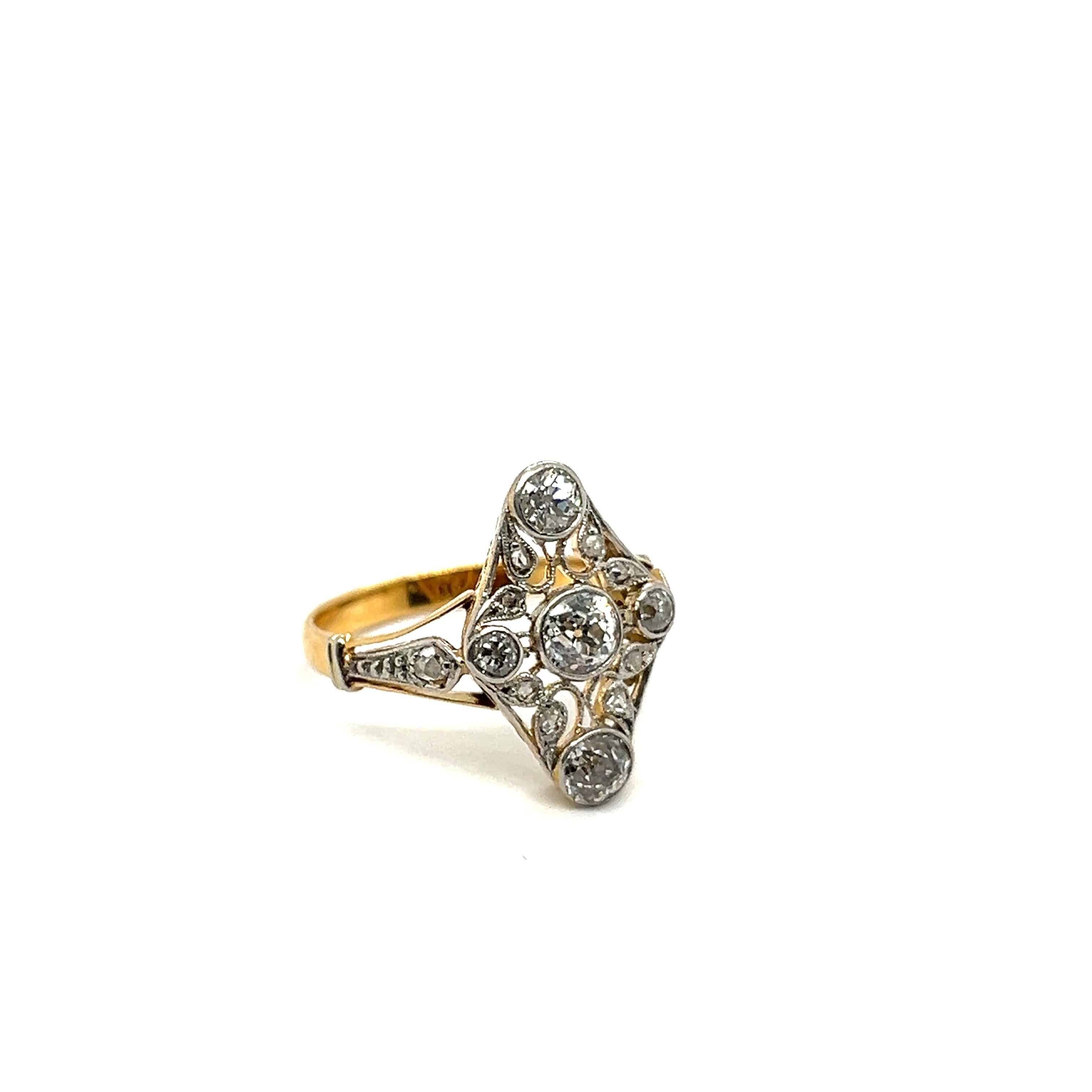 Art-Déco-Ring aus Platin und 18 Karat Gelbgold mit Diamanten im Angebot 7