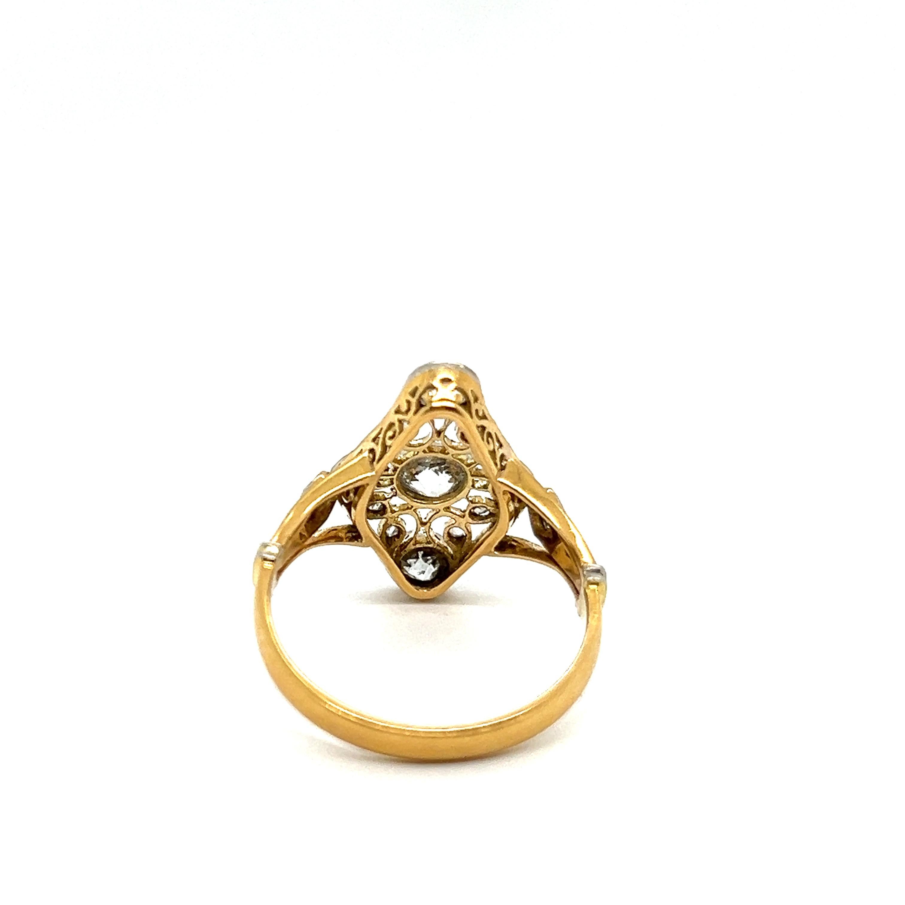 Art-Déco-Ring aus Platin und 18 Karat Gelbgold mit Diamanten im Zustand „Gut“ im Angebot in Lucerne, CH