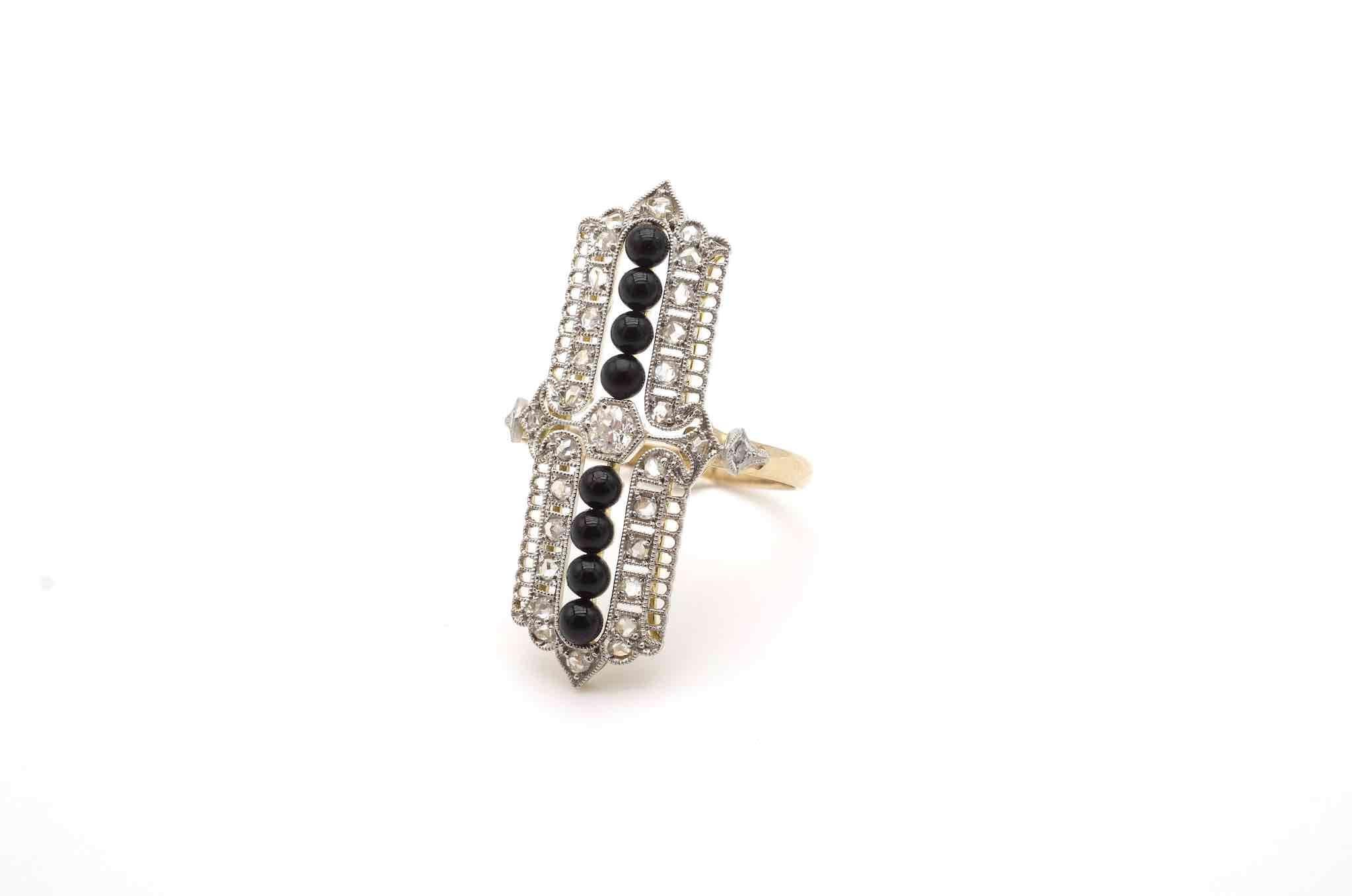 Old European Cut Art deco ring with onyx and rose cut diamonds For Sale