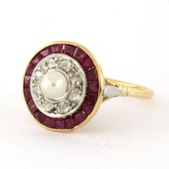 ART DECO ring with pearl, ruby and rose cut diamonds up to 0.10ct 18k gold