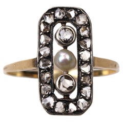 Art Deco Ring with Rose Cut Diamonds and one Pearl, 14K Yellow Gold and Silver