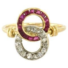 ART DECO ring with ruby and old mine cut diamonds up to 0.10ct 14k gold