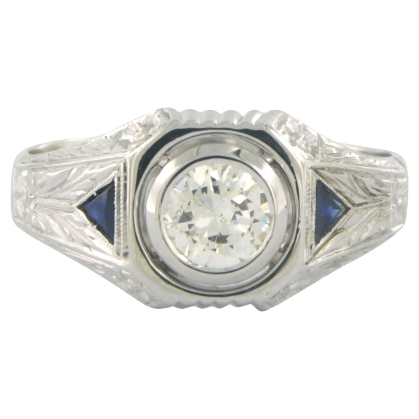 ART DECO - Anillo con zafiro y diamante talla brillante oro blanco 14k